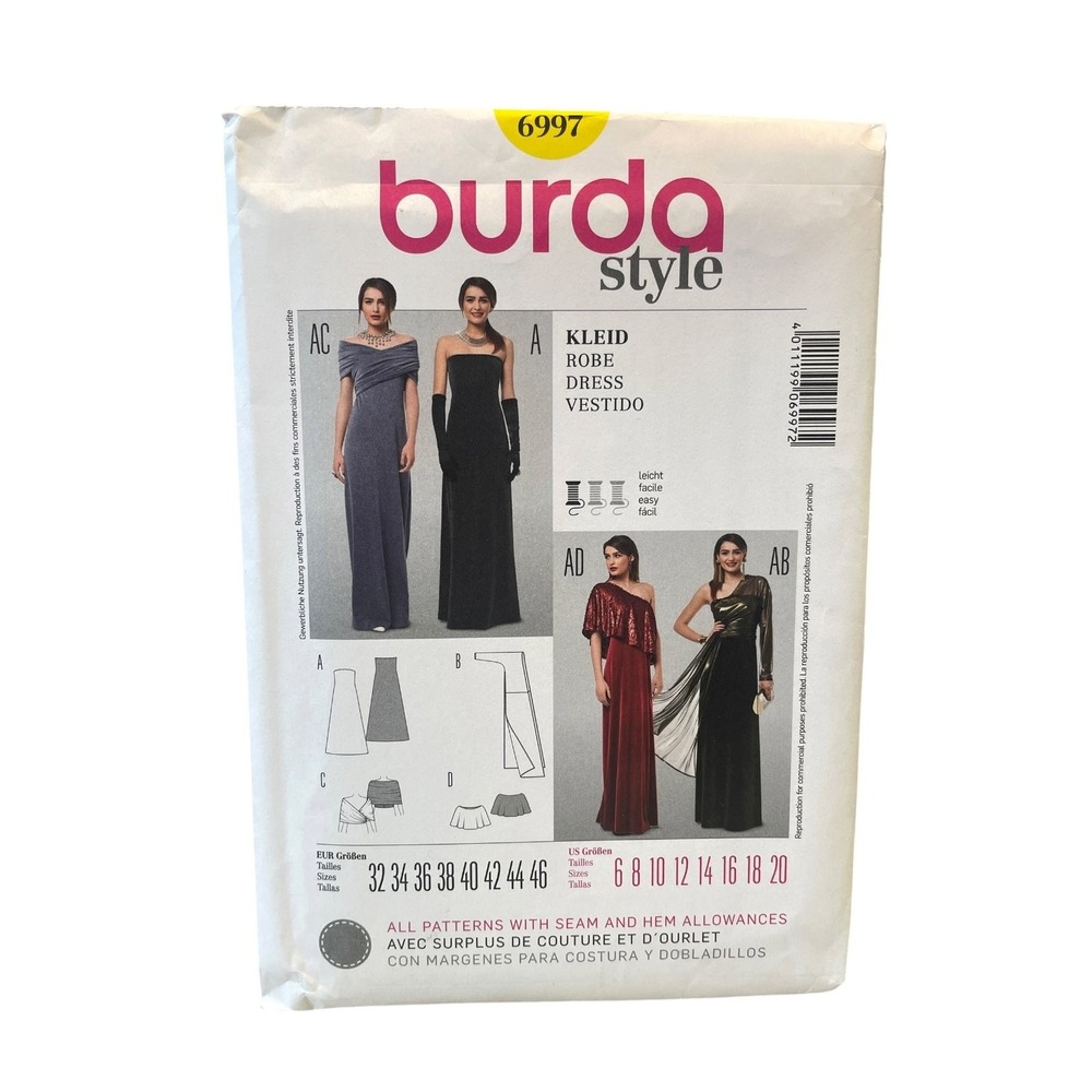 Burda Style 6997 Dress Gown Pattern Women 6-20 Multicolor Evening Easy Uncut